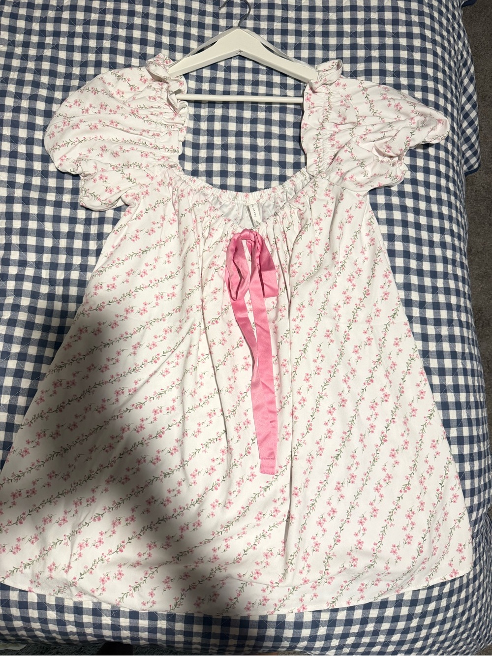 White & Pink Floral Peasant Top with Ribbon